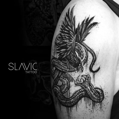 #tattoos #tattoo #inked #tattoist #blackworktattoo #blackwork #blackworkers #btattooing #darkink #thedarkestwork #skandinavian #skandinavianmythology #raven #raventattoo #serpent #serpenttattoo #huginn #jormungand #snaketattoo #snake #prague #praguetattoo #sketch #sketchtattoo Raven Snake Tattoo, Raven And Snake Tattoo, Underworld Tattoo, Slavic Tattoo, Tattoo Diy, Serpent Tattoo, Phone Humor, Raven Tattoo, Dark Ink