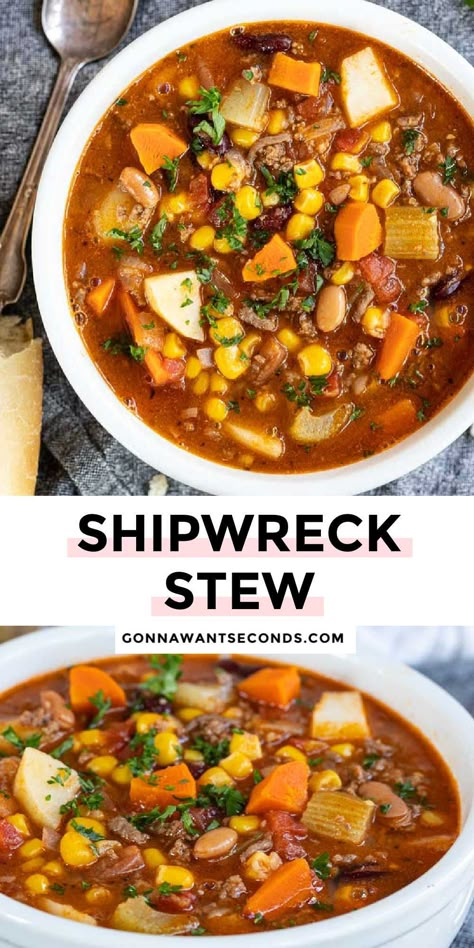 *NEW* This vintage Shipwreck Stew is a super easy, comforting, ground beef stew your whole family will love! It's nutrition packed while still being delicious! #stew #shipwreckstew Shipwreck Stew, Ground Beef Stew, Ground Beef Stews, Crockpot Soup Recipes, Fall Dinner Recipes, Soup And Stew, Hot Soup, Soup And Sandwich, Beef Dinner