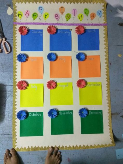 Simple Birthday Chart For Classroom, Birthday Chart Ideas Creative, Birthday Charts For Classroom Ideas, Birthday Corner Classroom Ideas, Birthday Charts For Kindergarten, Encanto Classroom, Birthday Chart For Preschool, Fractions Craft, Birthday Poster Board