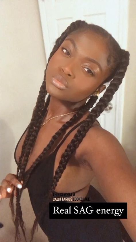 4 jumbo knotless braids pigtails on natural hair. Easy protective style #darkskin #blackhair #knotlessbraids #haircaretips #naturalhairhacks #hairstylesforschool #naturalhairstyles #melanin #markiadaily Four Jumbo Knotless Braids, Jumbo Braid Pigtails, 4 Jumbo Knotless Braids, 4 Long Braids, 4 Knotless Braids, 4 Jumbo Box Braids, Braided Pigtails Black Women, 4 Jumbo Braids, Braids Pigtails