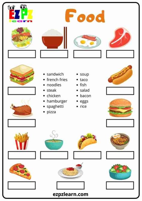 Free Printable English Word Match Topic Food For English Learner ESL Teacher Food In English For Kids, English Meals, Types Of Food Worksheet, Type Of Food Worksheet, Favorite Food Worksheet, Food We Eat Worksheet For Grade 1, Resep Starbuck, Word Puzzles For Kids, Educational Activities For Toddlers