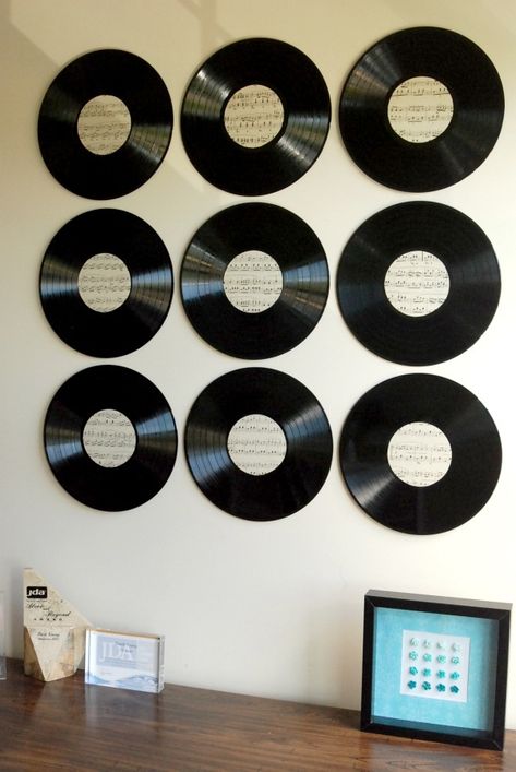 Vinyl Record Wall Art | Endlessly Inspired Vinyl Record Wall Art Diy, Lp Wall, Vinyl Record Wall Art, Record Ideas, Vinyl Record Crafts, Record Wall Art, Record Crafts, Music Room Decor, Music Crafts