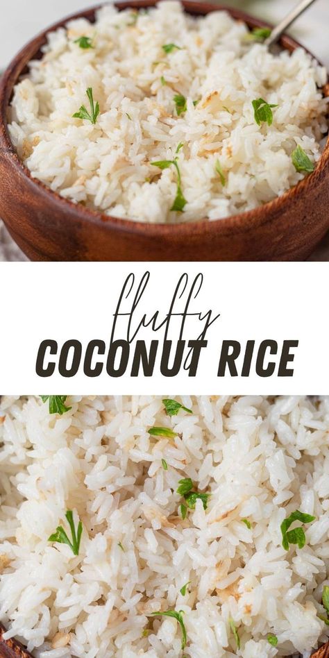 fluffy coconut rice in a brown bowl Rice Coconut Milk Recipe, Fluffy Coconut Rice, How To Cook Coconut Rice, Coconut Rice Stovetop, Coconut Milk Rice Recipe, Coconut Basmati Rice Recipe, Indian Coconut Rice, Cocnut Rice, Easy Coconut Rice