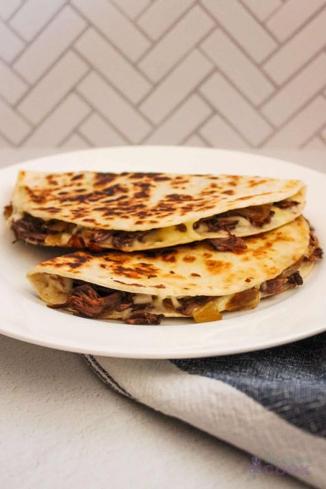 Leftover Beef Pot Roast Quesadillas - The Default Cook Mississippi Pot Roast Quesadilla, Pot Roast Quesadilla, Leftover Roast Beef Tacos, Roast Beef Quesadilla Recipes, Roast Beef Quesadillas, Leftover Beef Roast Recipes Easy Dinners, Recipes With Leftover Roast Beef, Roast Quesadilla, Left Over Roast Beef Left Over