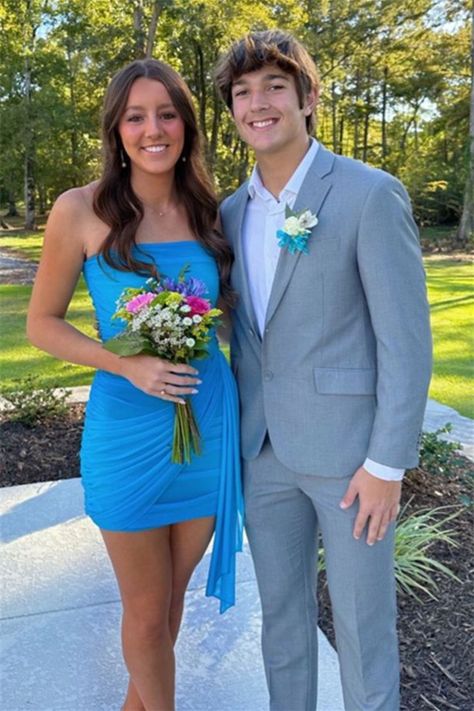 Strapless Blue Ruched Sheath Short Dress Light Blue Hoco Dress With Date, Blue Hoco Dress With Date, Frosh Dresses, Homecoming Dresses For Freshman, Blue Hoco Dress Short, Strapless Hoco Dress, Light Blue Hoco Dress, Shimmer Dress Short, Homecoming Pic Ideas