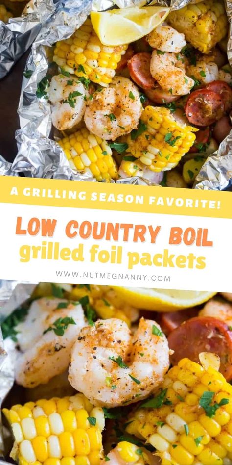 These low country boil foil packets are a breeze to make and packed full of flavor. Potatoes, corn, andouille sausage, and shrimp all together in an easy foil packet that you can bake in the oven or throw on the grill. You'll love this flavorful dish! Low Country Boil Foil Packets, Low Country Boil Recipe, Grilled Foil Packets, Shrimp Boil Foil, Foil Packet Dinners, Country Boil, Low Country Boil, Foil Pack Meals, Foil Dinners