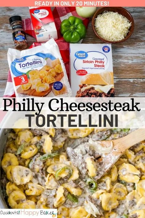 Philly Cheesesteak Tortellini Starter Meals Dinners, Family Fall Dinners, Dinner Ideas Fast Easy Meals, Quick Cheap Easy Dinners, Cheap Tortellini Recipes, Meals To Cook At The Beach, Rainy Day Dinner Ideas Fall, Week Prep Meals, Ground Beef And Cheese Tortellini Recipes