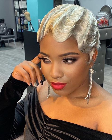 The Cut Life on Instagram: “beautiful finger wave pixie wig by @shannysnaturalbeauty ✂️ . . #thecutlife #brooklynhairstylist #fingerwaves #shorthair #platinumblonde…” Vintage Finger Waves Short Hair, Finger Waves Blonde Hair, Blonde Short Fingerwaves, 20s Fingerwaves Long Hair, Editorial Fingerwaves, Facial Shapes, Cabelo Pin Up, Pixie Wig, Finger Wave