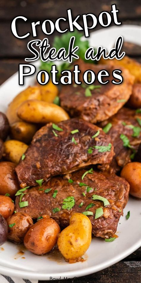 Crockpot steak and potatoes on platter, with Pinterest overlay. Crock Pot Beef And Potatoes Recipes, Crock Beef Recipes, Easy Food Recipes Crockpot, Round Steak Crockpot Recipes Easy, Easy Crockpot Recipes Steak, Beef Crop Pot Recipes, Crockpot Recipes With Sirloin Steak, Steaks Crockpot Recipes, Crockpot Recipes Round Steak