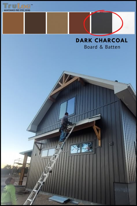 Board And Batten Steel Siding, Board And Batten Metal Siding Colors, House Metal Siding, Houses With Board And Batten Siding, Board And Batten Metal Siding, Steel Siding Exterior House Farmhouse, Tin House Exterior Metal Siding, Charcoal Siding House, Metal Siding House Exterior