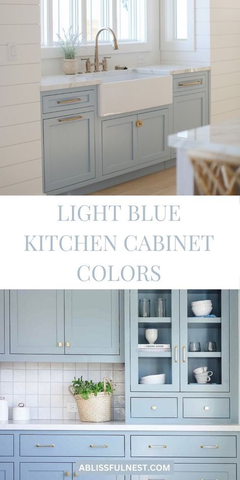 You might want to consider adding a light blue kitchen cabinets to create a fresh, calming atmosphere. This elegant hue brings sophistication and warmth to your kitchen. Whether you choose all-over blue or pair it with neutrals, the result will be beautiful. Explore these ideas to transform your kitchen into a serene, stylish space. #kitchenstyle #paintcolors #ABlissfulNest Light Blue Cabinets With Wallpaper, Light Blue Lower Cabinets White Upper, Kitchens With Light Blue Cabinets, Perfect Light Blue Paint Color, Blue Kitchen Apartment, Light Blue Cabinet Colors, Pastel Blue Kitchen Cabinets, Blue Beach Kitchen, Sky Blue Kitchen Cabinets