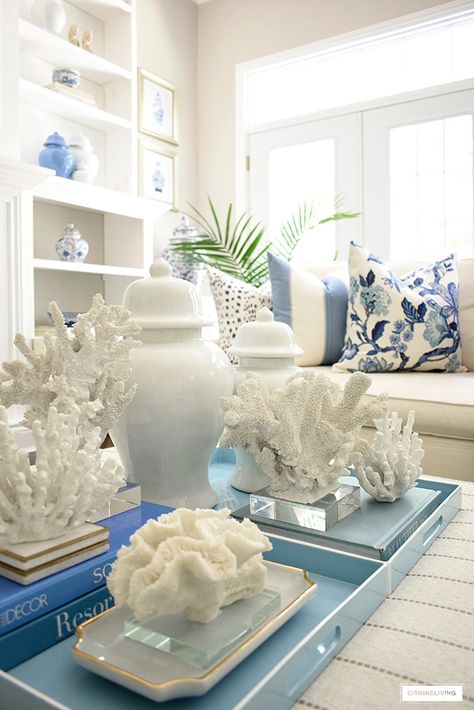 ELEGANT COASTAL CHIC DECORATING | CITRINELIVING Ginger Jars Decor Living Rooms, Barton Cottage, White Coffee Table Living Room, Summer Mansion, Coastal Chic Living Room, Summer Living Room Decor, Coastal Style Living Room, Coastal Chic Decor, Coastal Room Decor