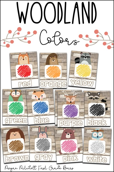 This fun woodland animal decor pack will give your classroom a warm, rustic feeling. It is filled with woodland animals and shiplap. You will receive 11 different color posters to hang and display in your classroom. They had different animals on them and display the color word. #woodlandclassroomdecor #firstgraderoars #rusticclassroom #backtoschooldecor #colorposters Woodland Infant Classroom, Wildlife Classroom Theme, Forest Animals Classroom Theme, Woodland Creatures Classroom Theme, Colors Posters For Classroom, Woodland Preschool Classroom, Woodland Classroom Theme Decor, Woodland Themed Classroom, Woodland Classroom Theme