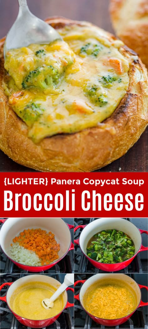 Broccoli Cheese Soup served in a bread bowl is the ultimate comfort food. This is our version of Panera Broccoli and Cheese Soup but it's lighter, loaded with fresh broccoli and cheddar cheese. This soup recipe is so easy and so delicious! Broccoli Cheese Bread Bowl, Cheddar Broccoli Bread Bowl, Healthy Panera Broccoli And Cheese Soup, Breadbowl Soup Recipes, Bread Bowls And Soup, Broccoli Cheese Soup Bread Bowl, Bread Soup Bowls Easy Recipes, Soup With Bread Bowl, Bread Bowls Soup Recipe