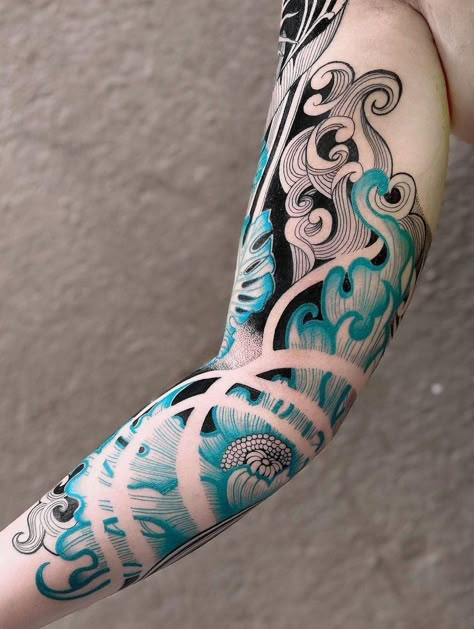 Black And Blue Tattoo Sleeve, Blue Arm Tattoo, Blue Flower Tattoo Designs, Black Out Sleeve With Color Tattoo, Blue Ink Dragon Tattoo, Blue Sleeve Tattoo, 3/4 Sleeve Tattoo, Chinese Sleeve Tattoos, Blackout Sleeve With White Ink