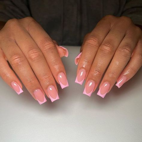 Pink V French Tip Nails Short, Cutout Nails, Pink Glitter French Tip Nails, Summer Pink Nails, Nails Biab, Pink Tip Nails, Girly Acrylic Nails, French Tip Acrylic Nails, Pink French