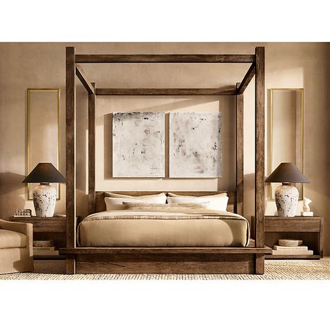 Reclaimed Oak Panel Canopy Bed | RH Restoration Hardware Bed, Restoration Hardware Bedroom, Open Nightstand, Tuscan Home, Oak Panels, Reclaimed Oak, Bedroom Remodel, Canopy Bed, Bedroom Collection