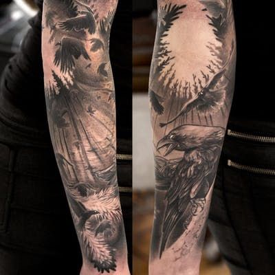 Forest Trees Tattoo, Grey Tattoo Ink, Waterfall Tattoos, Rabe Tattoo, Tat Inspiration, Forest Tattoo, Mother Nature Tattoos, Crow Tattoo, Forest Tattoos