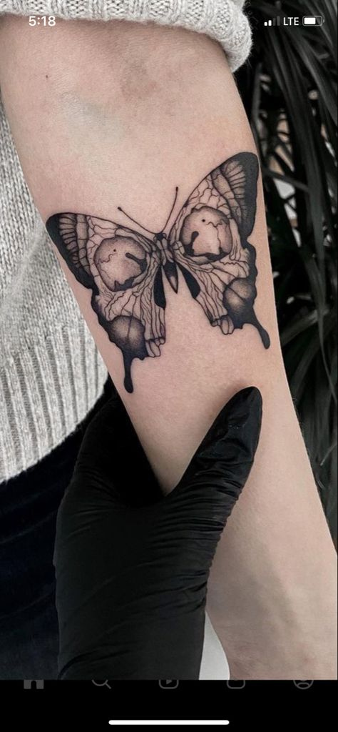 Womens Grunge Tattoo, Half Skeleton Butterfly Tattoo, Matching Tattoos Aesthetic Grunge, Skull In Butterfly Tattoo, Cute Throat Tattoos For Women, Scar Incorporation Tattoo, Butterfly With Skull In Wings, Skull Butterfly Tattoo Women, Moth Back Of Neck Tattoo