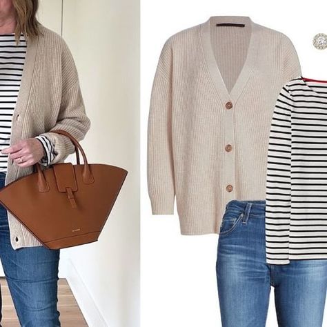 Leanne Blackmon on Instagram: "Winter essentials outfit of the day ❄️ @jennikayne Coccon Cardigan (sized down to Small), @boden_clothing Breton Tee, @agjeans Mari, @colehaan Booties, @paris64world Lumiere Bag in “caramel”. ✨ To shop this post, comment the word “LINKS” below & I’ll send you a DM with all the details ✨ Follow my shop @classyyettrendy on the @shop.LTK app to shop this post and get my exclusive app-only content! @shop.ltk https://liketk.it/4sZzO #capsulewardrobe #capsulecloset #effortlessstyle #effortlesschic #dailyoutfit #outfitstyle  #minimaliststyle #mystylediary #outfitinspirations #dailyfashion #realoutfitgram #howtowear #parisianstyle #parisiennestyle #parisianchic #simplestyle #simplelook #neutralstyle #neutralaboutit #classicoutfit #classicstyle #everydayfashion #mi Essentials Outfit, Boden Clothing, Parisienne Style, Beige Cardigan, Neutral Fashion, Parisian Chic, Clothing Essentials, Winter Essentials, Effortless Chic