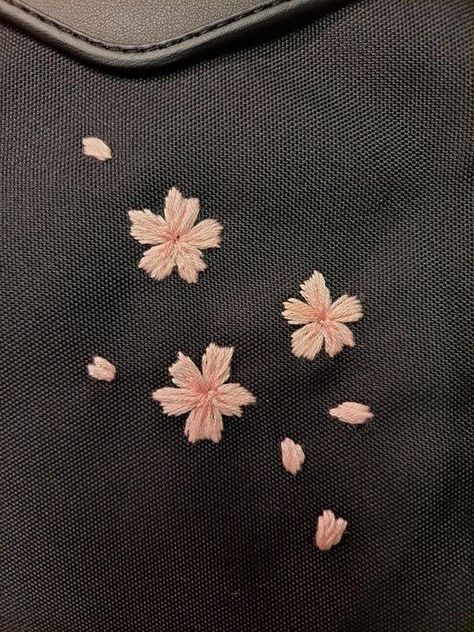 Embroidery Back Of Shirt, Black Jacket Embroidery, Cherry Blossom Hand Embroidery, Cute Simple Embroidery Designs, Simple Thread Embroidery Designs, Embroidery Patterns Aesthetic, Embroidered Cherry Blossoms, Flower Embroidery Clothes, Embroidery Inspo Clothes