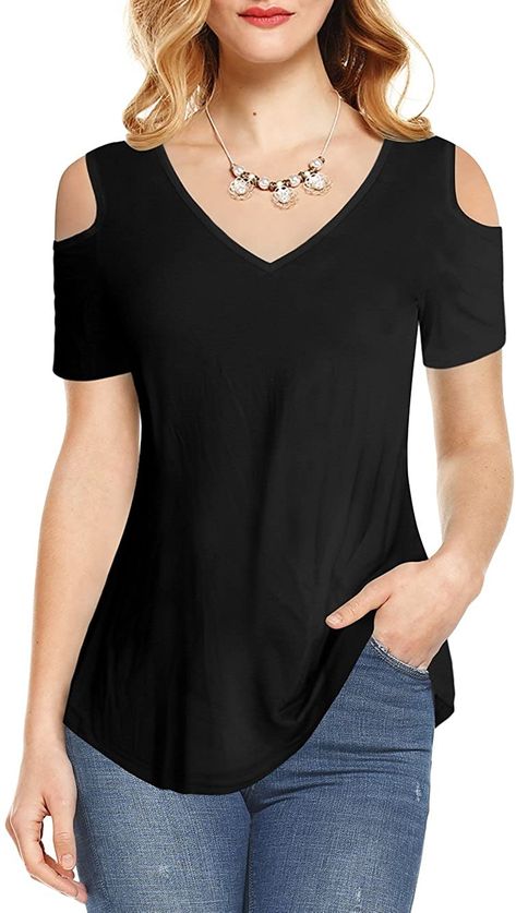 Tunic Tops With Leggings, Off The Shoulder Top Outfit, Shoulder Tops Outfit, Tunic Shirts, Cold Shoulder Tops, Short Sleeve Tunic Tops, Short Sleeve Shirt Women, Summer Blouse, Shoulder Tops