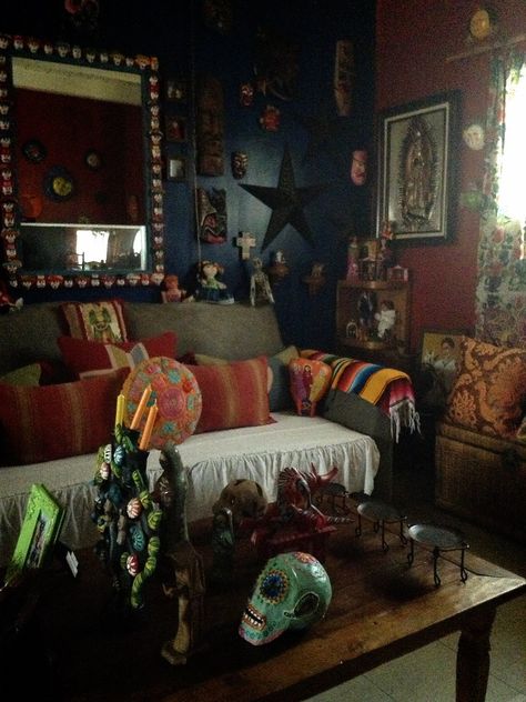 Mexican Living Room #decoration #mexican Talavera Living Room, Living Room Designs Mexican, Mexican Goth Decor, Mexican Goth Home Decor, Gothic Mexican Decor, Mexican Dark Academia, Mexican Whimsigoth, Mexican Living Room Decor Hacienda Style, Mexican Decor Living Room