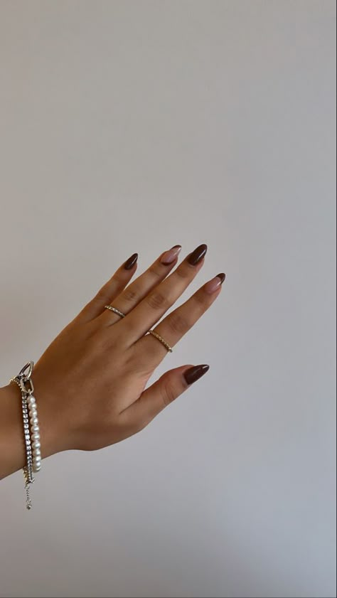 Brown Fall Almond Nails, Brown Nail Extensions, Brown French Tips Almond, Brown French Tip Almond, Nude Nail Extensions, Nail Inspo Brown, Nails For Fall Autumn, Brown Almond Nails, Brown Nails Fall