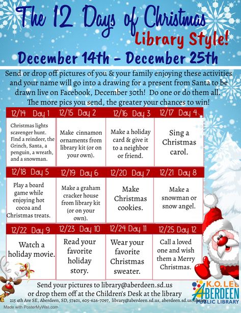 Do one, or do all 12 activities!  Send the library pictures of you and your family enjoying the activities and your name will go into a prize drawing. Drawing will be live on Facebook, December 30th. #aberdeensdlibrary #12daysofchristmas Library Lesson Plans, Library Pictures, Library Activities, Library Lessons, Drawing Drawing, Book Ideas, Library Books, Aberdeen, Christmas Activities