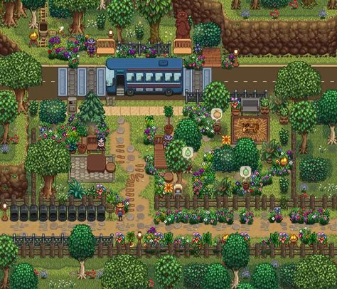 Strawdew Valley Farm Ideas, Stardew Valley Cottagecore Farm Layout, Stardew Bus Stop Decor, Overgrown Garden Farm Stardew Valley, Stardew Valley Farm Asthetic, Stardew Valley Train Station Layout, Stardew Grandpas Farm Layout, Pretty Stardew Valley Farm, Stardew Forest Farm Ideas