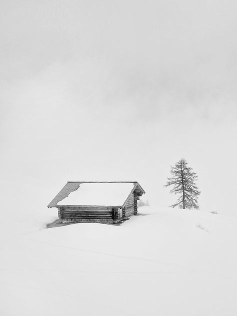 Seen at the side of a ski slope. Snowfall makes the black and white photo look very grainy. Ski Hut, Widget Aesthetic, Ski Slope, Camera Angles, Ski Slopes, Snowy Mountains, White Photo, Photo Look, A Tree