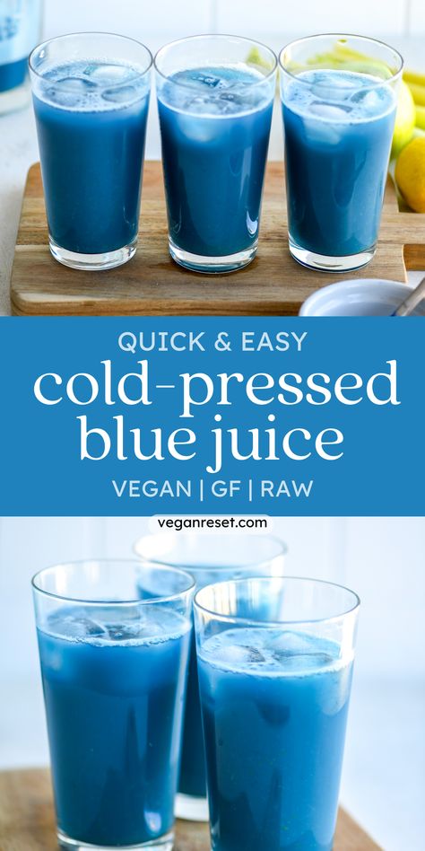 This refreshing, nutritious, and delicious Blue Superfood Juice will make you glow from the inside out 💙 This blue beauty not only tastes great, it's also vegan, packed with essential nutrients, and perfect for a healthy juice cleanse or quick detox. Blue spirulina gives it its natural and vibrant color, plus some added health boosting benefits. Get this cold pressed juice recipe on the blog now:) Beer Juice Recipes, Nekter Juice Bar Copycat Recipes, Blue Spirulina Drink, Wellness Juice Recipes, Spirulina Shots, Blue Vervain Benefits, Fertility Juicing Recipes, Pressed Juice Recipe, Cold Press Juice Recipes