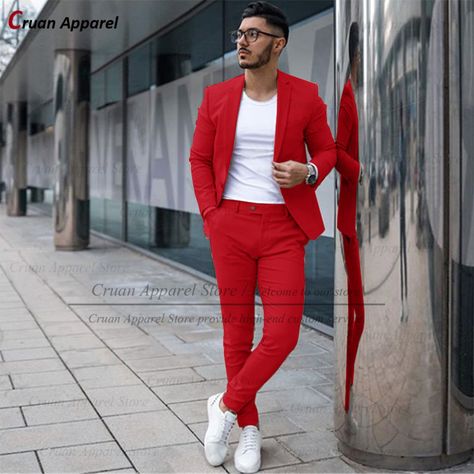 Red And White Outfit Men, Red Valentines Day Outfit, Red Blazer Outfit Men, Tuxedo Man, Red And White Suit, Mens Wedding Suit, Black Mens Fashion Suits, Red Pants Men, Men Formal Outfit