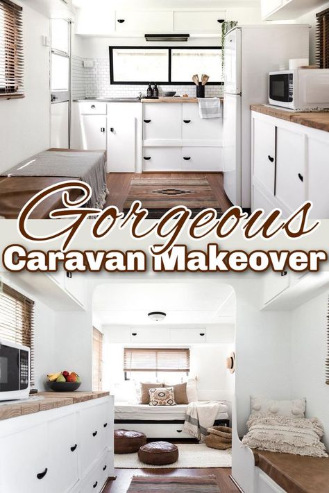 Two interior photo of a renovated caravan showing the kitchen area with white and wooden decor, and text overlay that reads: Gorgeous caravan makeover. Small Caravan Makeover, Diy Caravan, Small Caravans, Caravan Makeover, Caravan Renovation, Purple Interior, Vintage Caravans, Minty Green, Progress Pictures