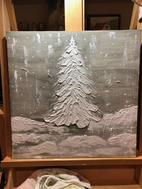 How To Make A Textured Painting, Texture Christmas Art, Caulk Painting Art, Textured Christmas Painting, Christmas Texture Painting, Christmas Textured Art, Christmas Plaster Art, Christmas Tree Painting On Canvas, White Christmas Painting