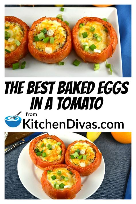 The Best Baked Eggs in a Tomato is delicious! The method is different and definitely worth a try!  You can use cheddar cheese, parmesan or no cheese at all!  #tomato #eggs #breakfast #brunch #kitchendivas  via @2kitchendivas Tomato Eggs, Egg And Tomato, Eggs With Tomatoes, Tomato Recipe, Baked Egg, Thanksgiving Week, Eggs Breakfast, Baked Tomatoes, Fall Creek