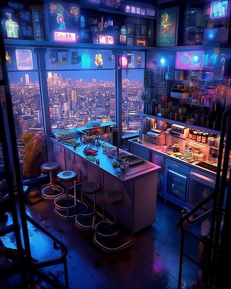 A Cyberpunk kitchen inside a high-rise apartment has a fantastic view of the city. This is an AI artwork designed with Midjourney. Cyberpunk Style Apartment, Cozy Cyberpunk Apartment, Cyberpunk Apartment Aesthetic, Cyberpunk Cafe Interior, Cyberpunk Apartment Concept Art, Cyberpunk 2077 Apartment, Cyberpunk Apartment Interior Design, Dark Cozy Bedroom Bohemian, Cyberpunk Bathroom