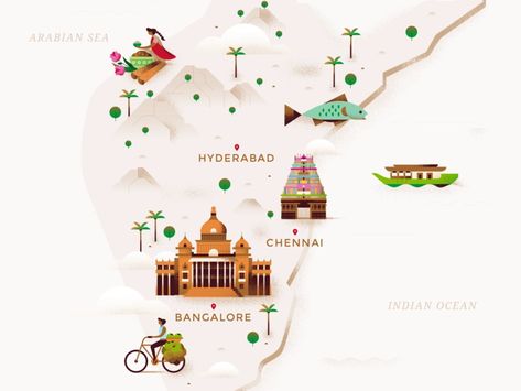 Map - South India by Elen Winata on Dribbble Elen Winata, Map Illustrations, India Map, India Design, Arabian Sea, La Z Boy, Communication Art, Travel Illustration, Illustrated Map