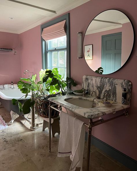 Emma Paton (@emmapatonhome) • Instagram photos and videos Emma Paton, Cinder Rose Farrow And Ball, Rose Paint Color, Cinder Rose, Bathroom With Marble, Rose Bathroom, Home Spa Room, Bathroom Blinds, Large Round Mirror