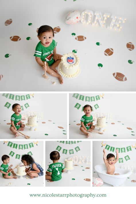 1st Year Down Smash Cake, Cake Smash Football Theme, 1st Year Down Football Photoshoot, First Down Football Birthday Photoshoot, Football Cake Smash Photography, Football Theme First Birthday Photoshoot, Football Theme Smash Cake 1st Birthdays, First Down Cake Smash, Football First Birthday Photoshoot