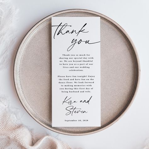 Simple Wedding Table Thank You Cards, wedding thank you, thank you place cards, wedding reception, black and white, T126 Thank You Cards Wedding Reception, Wedding Thank You Ideas, Thank You Cards For Wedding, Wedding Reception Black And White, Reception Black And White, Simple Wedding Table, Reception Designs, Wedding Script Fonts, Free Edits