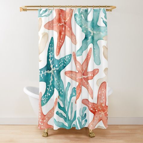 Get my art printed on awesome products. Support me at Redbubble #RBandME: https://www.redbubble.com/i/shower-curtain/Teal-Orange-Starfish-Beachy-Seashell-Pattern-by-SeaStarAlex/164509103.YH6LW?asc=u Orange Starfish, Seashell Pattern, Seashells Patterns, Pattern Shower Curtain, Teal Orange, Patterned Shower Curtain, Curtains For Sale, Starfish, Shower Curtains