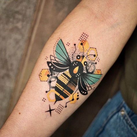 Honeycomb Tattoo On Neck, Sun Bee Tattoo, Honey Bee Tattoo Ideas Unique, Bee Hexagon Tattoo, Abstract Bee Tattoo, Bee And Hive Tattoo, Bee Neck Tattoo, Bee Hive Tattoo Design, Cartoon Bee Tattoo