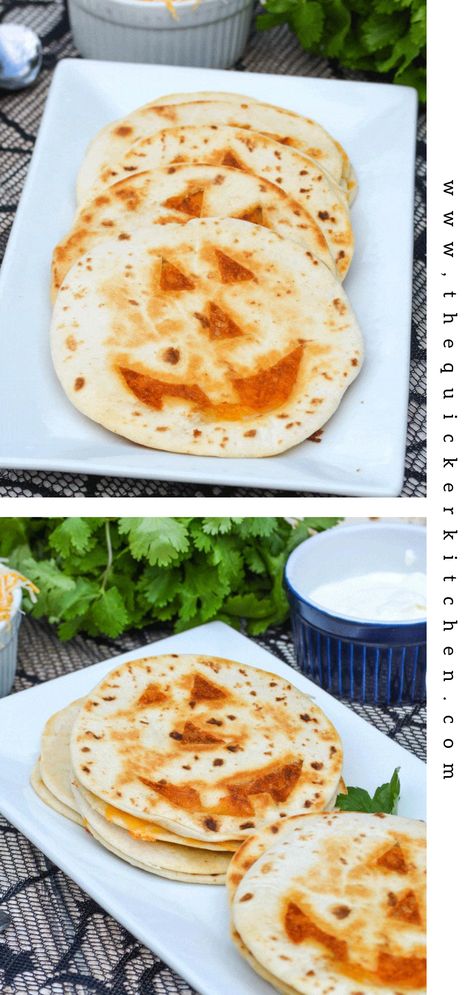 Jack O Lantern Quesadilla, Pumpkin Quesadilla, Halloween Quesadillas, Halloween Themed Meals, Edible Stem, Cheese Quesadilla Recipe, 5 Minute Meals, Cheese Quesadilla, Easy Halloween Food