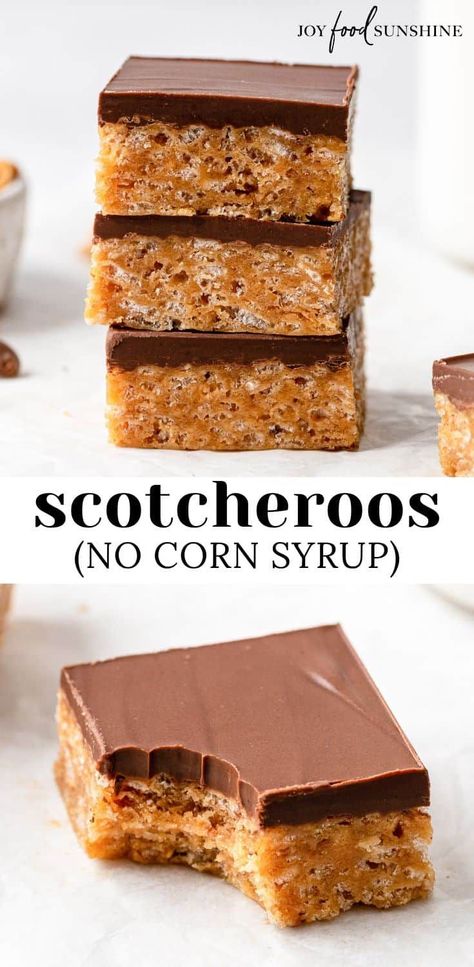 Scotcharoos With Maple Syrup, Scotcheroos No Corn Syrup, Scotcheroos With Marshmallows, Scotcheroos Without Corn Syrup, No Bake Baking Recipes, How To Make Scotcheroos, No Bake Scotcheroos, Recipes With Marshmallow Fluff Simple, Easy Goodies To Make