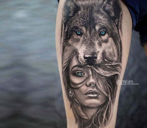 Pretty 2 colors realistic tattoo style of Wild girl with blue eyes, done by tattoo artist Jurgis Mikalauskas | Post 21053 | World Tattoo Gallery - Best place to Tattoo Arts Wolf Girl Tattoos, Wolf Tattoo Forearm, Indian Girl Tattoos, Wolf Tattoos For Women, Wolf Sleeve, Headdress Tattoo, Wolf Tattoo Sleeve, Native American Tattoos, Native Tattoos