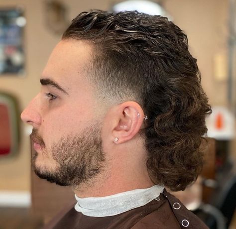 Mid Temp Fade Mullet, Mullet Perm Hairstyles Men, Curled Mullet, Mens Permed Mullet, Clean Mullet Men, Tapered Mullet Men, Faded Mullet Men, Long Slicked Back Hair, Taper Fade Short Hair