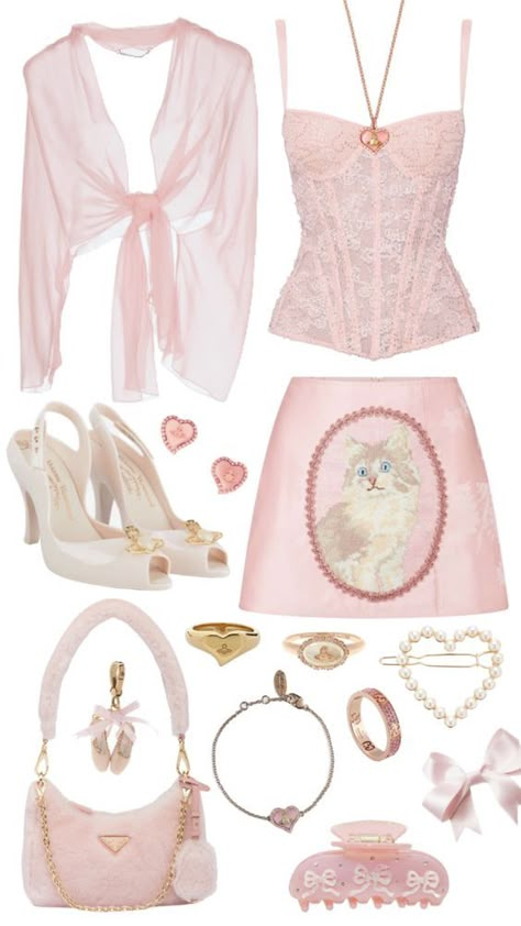 #shojo #aesthetic #fashion #outfit #coquette Balletcore Outfits Pink, Gold And Pink Outfit, Coquette Capsule Wardrobe, Pink Fairycore Outfits, Coquette Pink Outfit, Pink Corset Outfit, Romantic Interior Design, Pink And White Outfit, Coquette Room Decor