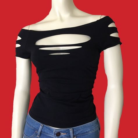 Ripped Shirt Ideas, Easy Diy Goth Clothes, Custom Shirts Ideas Diy Clothes, Diy Shirts Sew, Diy Muscle Tee, Goth Tshirt Diy, Upcycle Tee Shirts Diy, How To Cut Off The Shoulder Shirt, Ripped Shirts Diy