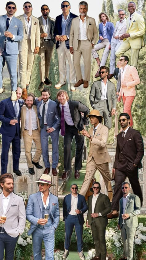 Garden Wedding Guest Men, Garden Wedding Outfit Guest Men, Garden Party Wedding Attire Guest Men, Garden Party Wedding Mens Outfit, Men’s Wedding Guest Attire Spring Formal, Men Formal Wedding Guest, Wedding Family Color Scheme, Resort Formal Men, Neutral Wedding Guest Dress Code